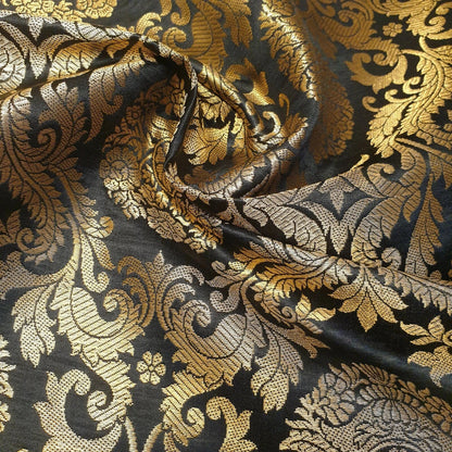 Brocade Ornamental Floral Fabric | Gold Metallic Jacquard 44" (112cm) Wide Dressmaking, Costume & Craft Material – Sold by the Metre  Black