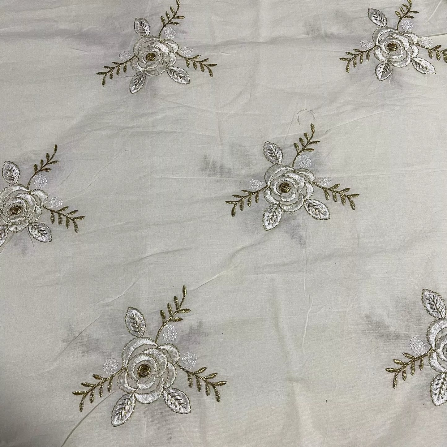 Raw Cotton Floral Embroidery Fabric with Golden Zari | 44" (112cm) Wide Dyeable Dress & Craft Material – Sold by the Meter