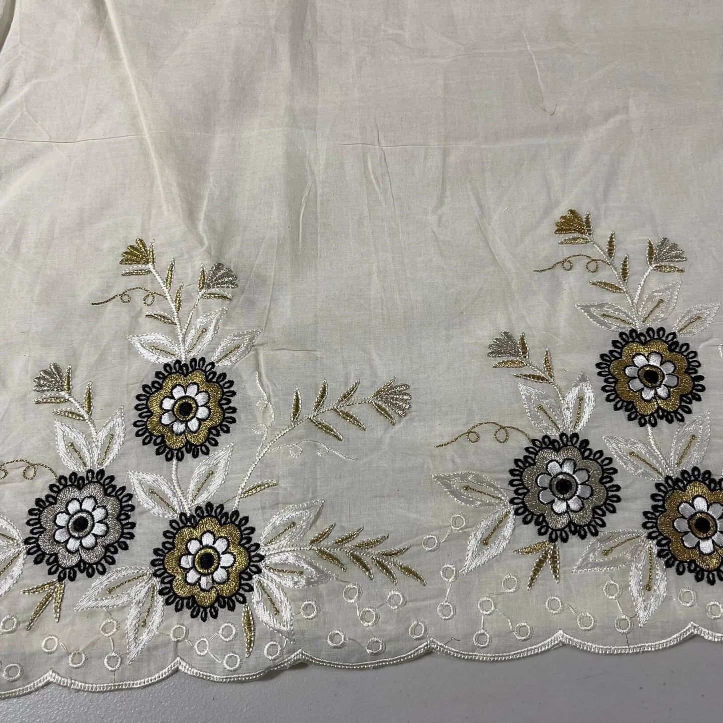 Raw Cotton Floral Embroidery Fabric with Golden Zari | 44" (112cm) Wide Dyeable Dress & Craft Material – Sold by the Meter