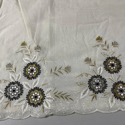 Raw Cotton Floral Embroidery Fabric with Golden Zari | 44" (112cm) Wide Dyeable Dress & Craft Material – Sold by the Meter