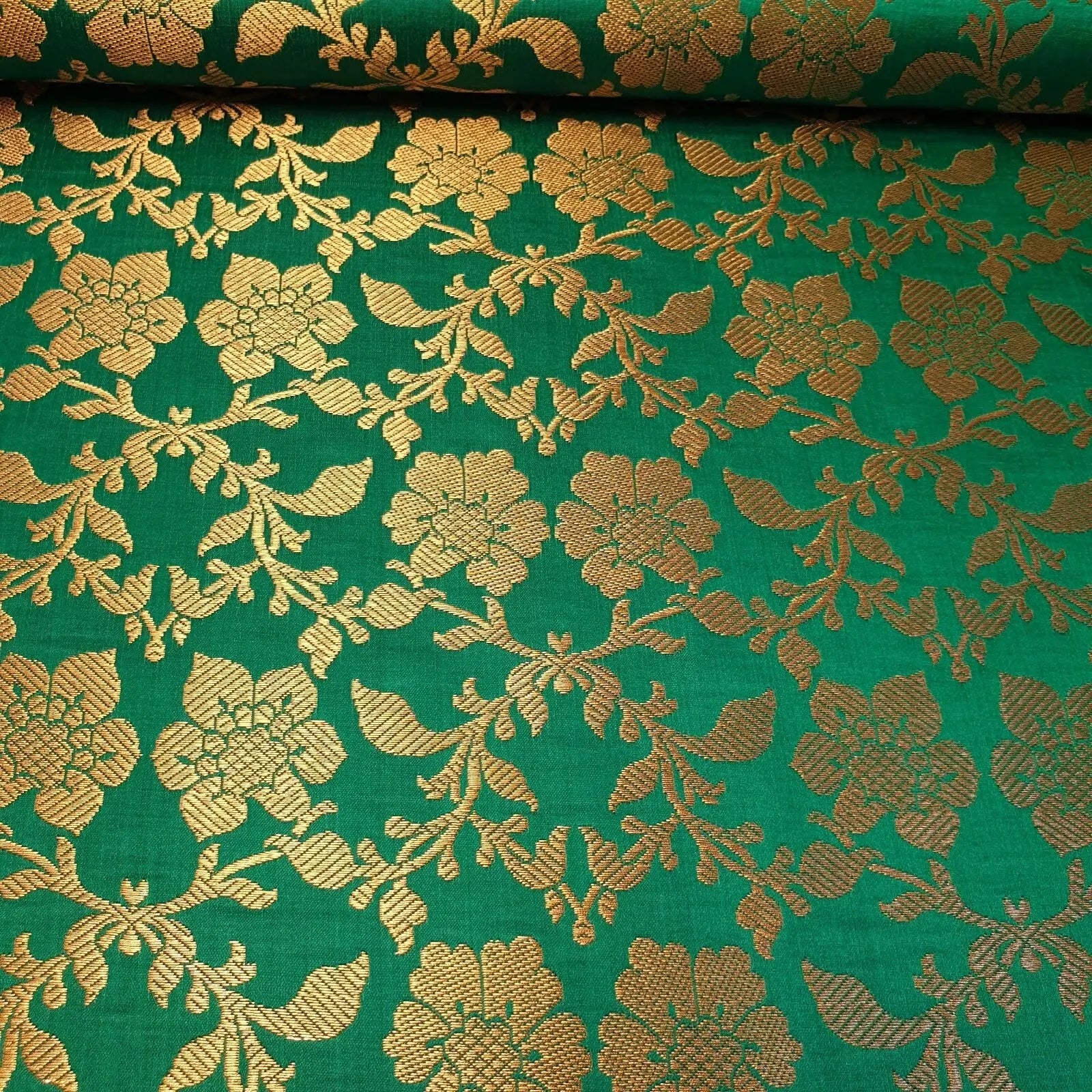 Indian Banarasi Brocade Fabric | Ornamental Floral Gold Metallic Design 44" (112cm) Wide Dress, Craft & Décor Material – Sold by the Meter
