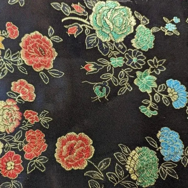 Traditional Chinese Embroidered Brocade Fabric | 36" (91cm) Wide Poly Silky Satin Oriental Dragon & Floral Material – Sold by the Metre