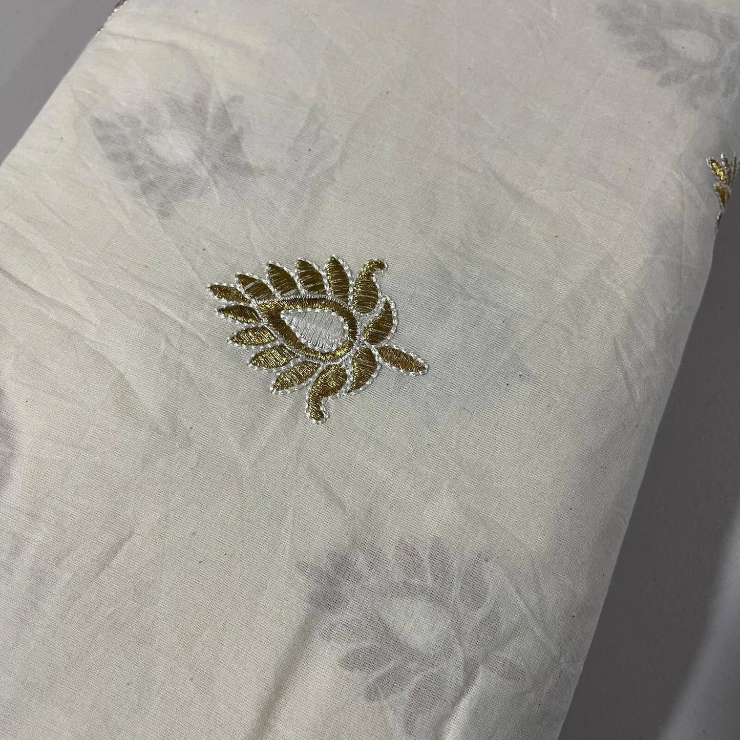 Raw Cotton Floral Embroidery Fabric with Golden Zari | 44" (112cm) Wide Dyeable Dress & Craft Material – Sold by the Meter