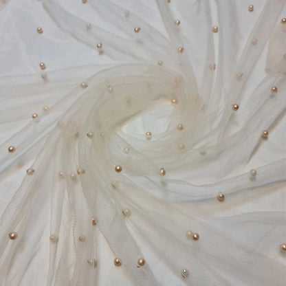Tulle Beaded Pearl Lace Net Fabric | 58" (147cm) Wide Bridal Veil, Wedding Backdrop & Décor Material – Sold by the Metre