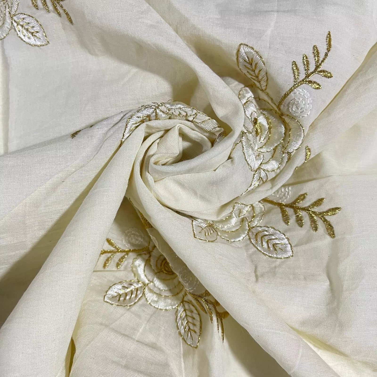 Raw Cotton Floral Embroidery Fabric with Golden Zari | 44