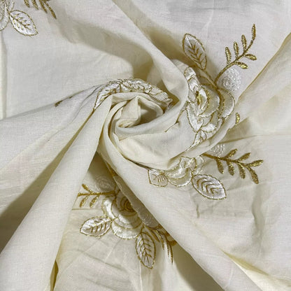 Raw Cotton Floral Embroidery Fabric with Golden Zari | 44" (112cm) Wide Dyeable Dress & Craft Material – Sold by the Meter
