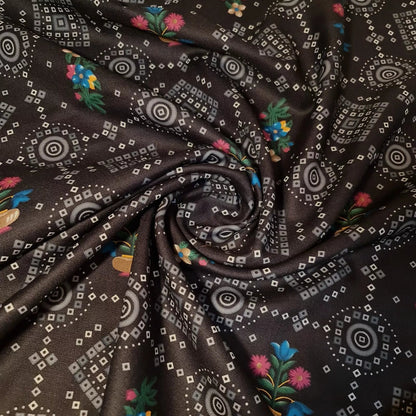 Cotton Viscose Rajasthani Ethnic Print Fabric | Suzani, Rangoli & Boho Banjara Designs – 44" (112cm) Wide Soft Dressmaking & Craft Material – Sold by the Metre  Black