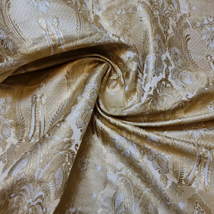 Ornamental Damask Banarasi Brocade Fabric | Premium Indian Gold Metallic Jacquard Material 44" (112cm) Wide – Sold by the Metre