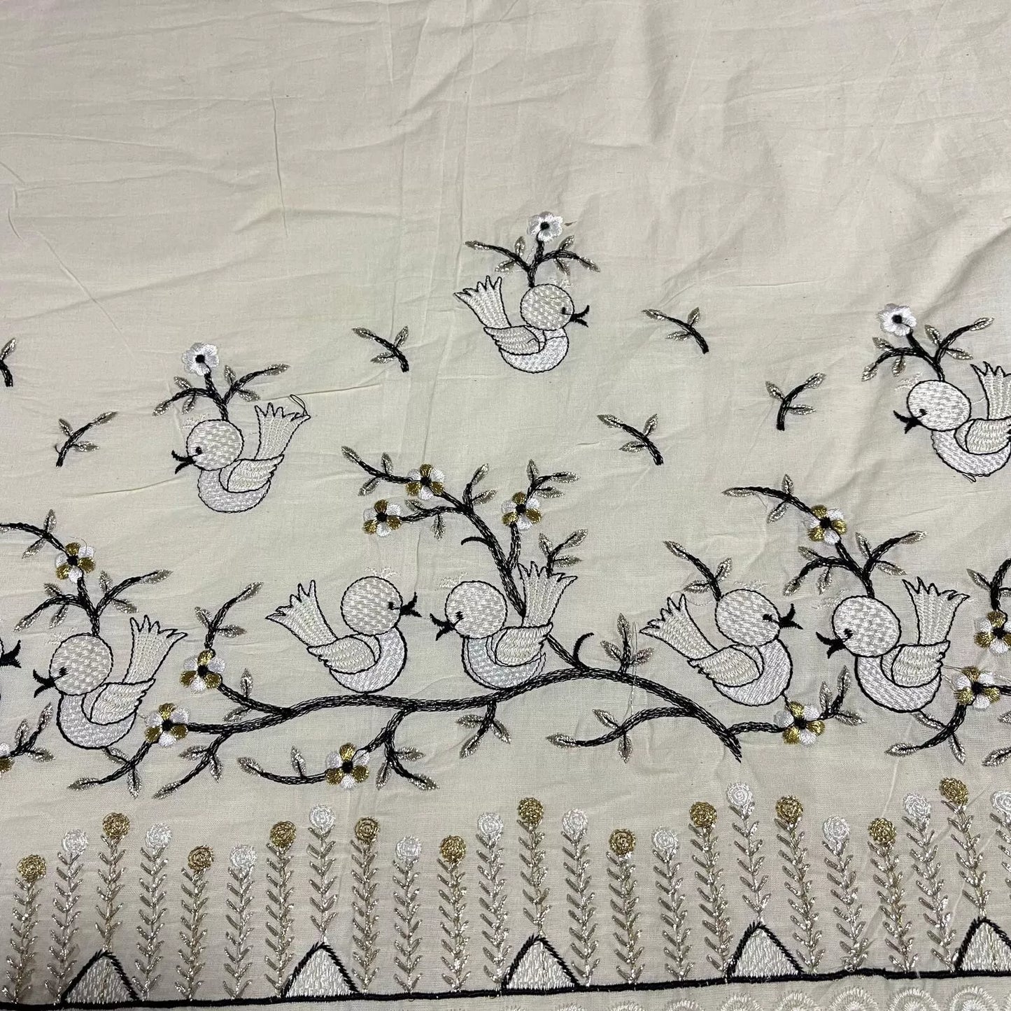 Raw Cotton Floral Embroidery Fabric with Golden Zari | 44" (112cm) Wide Dyeable Dress & Craft Material – Sold by the Meter