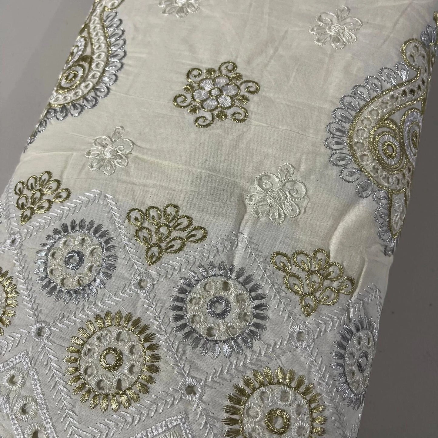 Raw Cotton Floral Embroidery Fabric with Golden Zari | 44" (112cm) Wide Dyeable Dress & Craft Material – Sold by the Meter