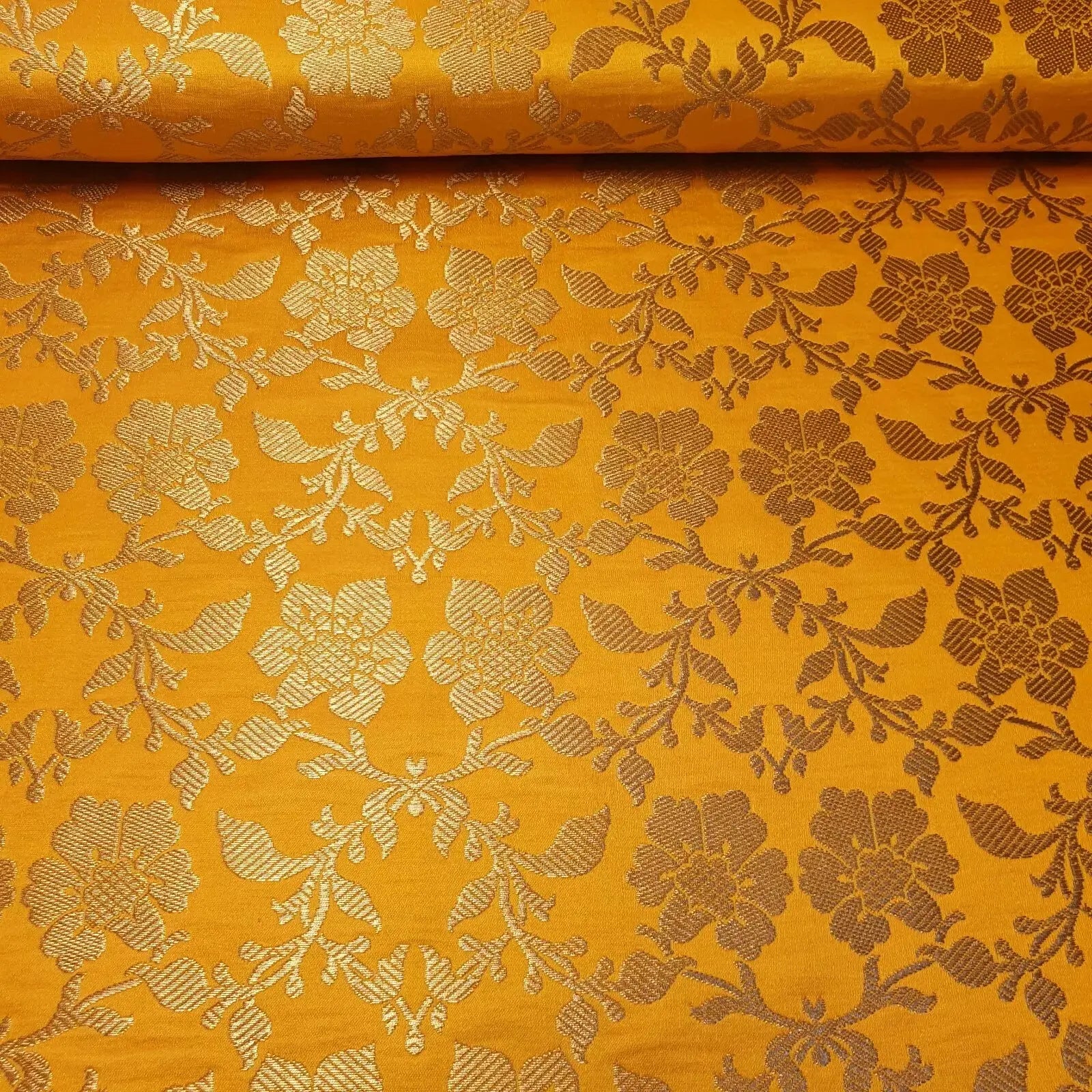 Indian Banarasi Brocade Fabric | Ornamental Floral Gold Metallic Design 44" (112cm) Wide Dress, Craft & Décor Material – Sold by the Meter