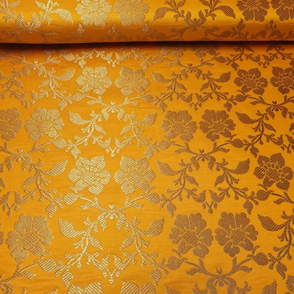 Indian Banarasi Brocade Fabric | Ornamental Floral Gold Metallic Design 44" (112cm) Wide Dress, Craft & Décor Material – Sold by the Meter