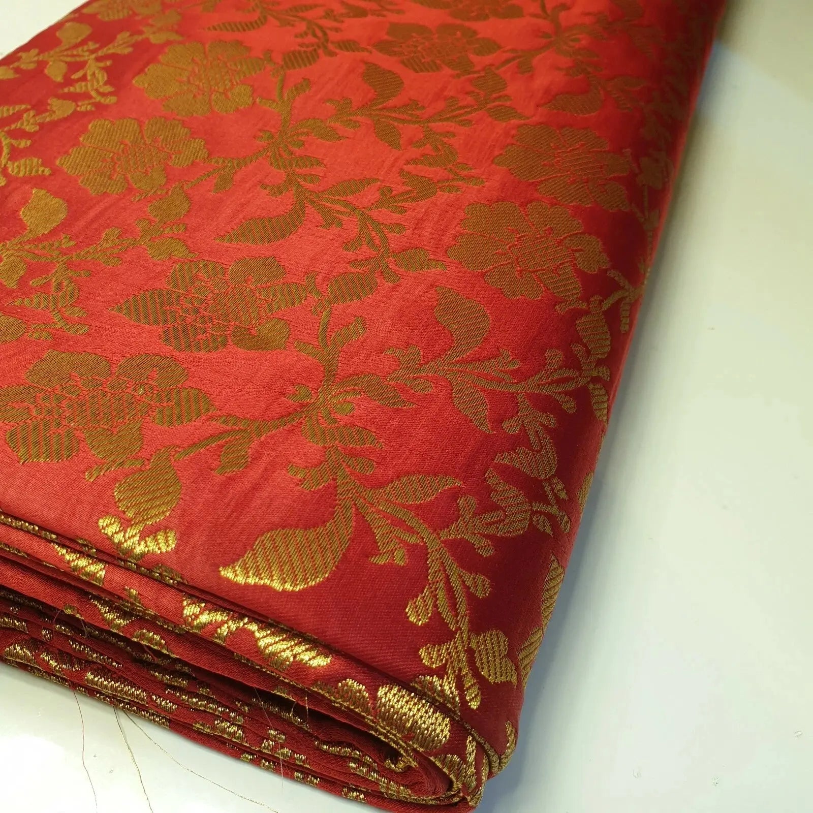 Indian Banarasi Brocade Fabric | Ornamental Floral Gold Metallic Design 44" (112cm) Wide Dress, Craft & Décor Material – Sold by the Meter