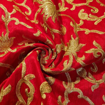 Faux Raw Silk Embroidered Fabric – Gold Floral 112cm (44") Wide Luxury Dress & Décor Material by the Metre