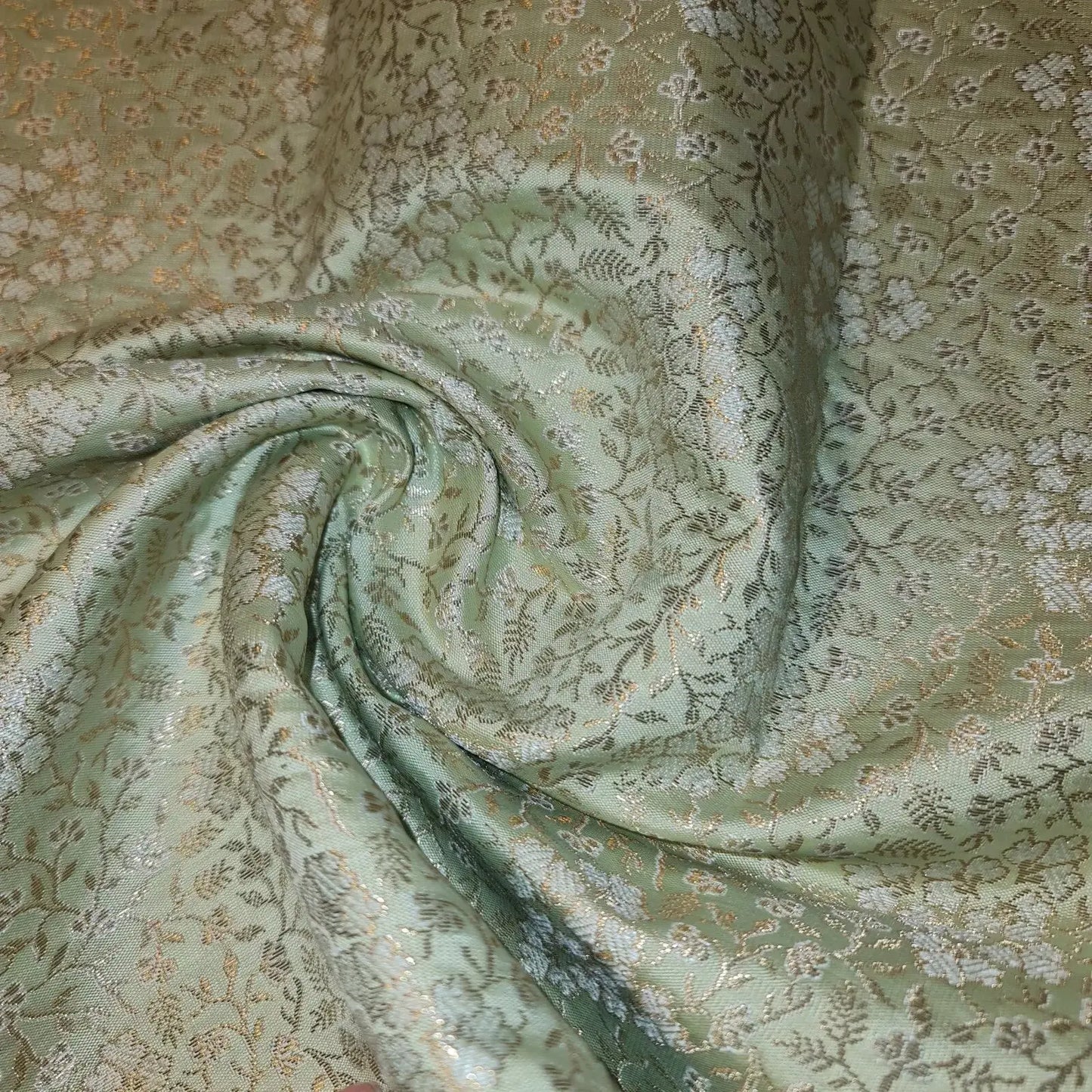 Ornamental Floral Pastels Indian Brocade Fabric | Gold Metallic Design 44" (112cm) Wide Dress, Craft & Décor Material – Sold by the Meter  Mint Green