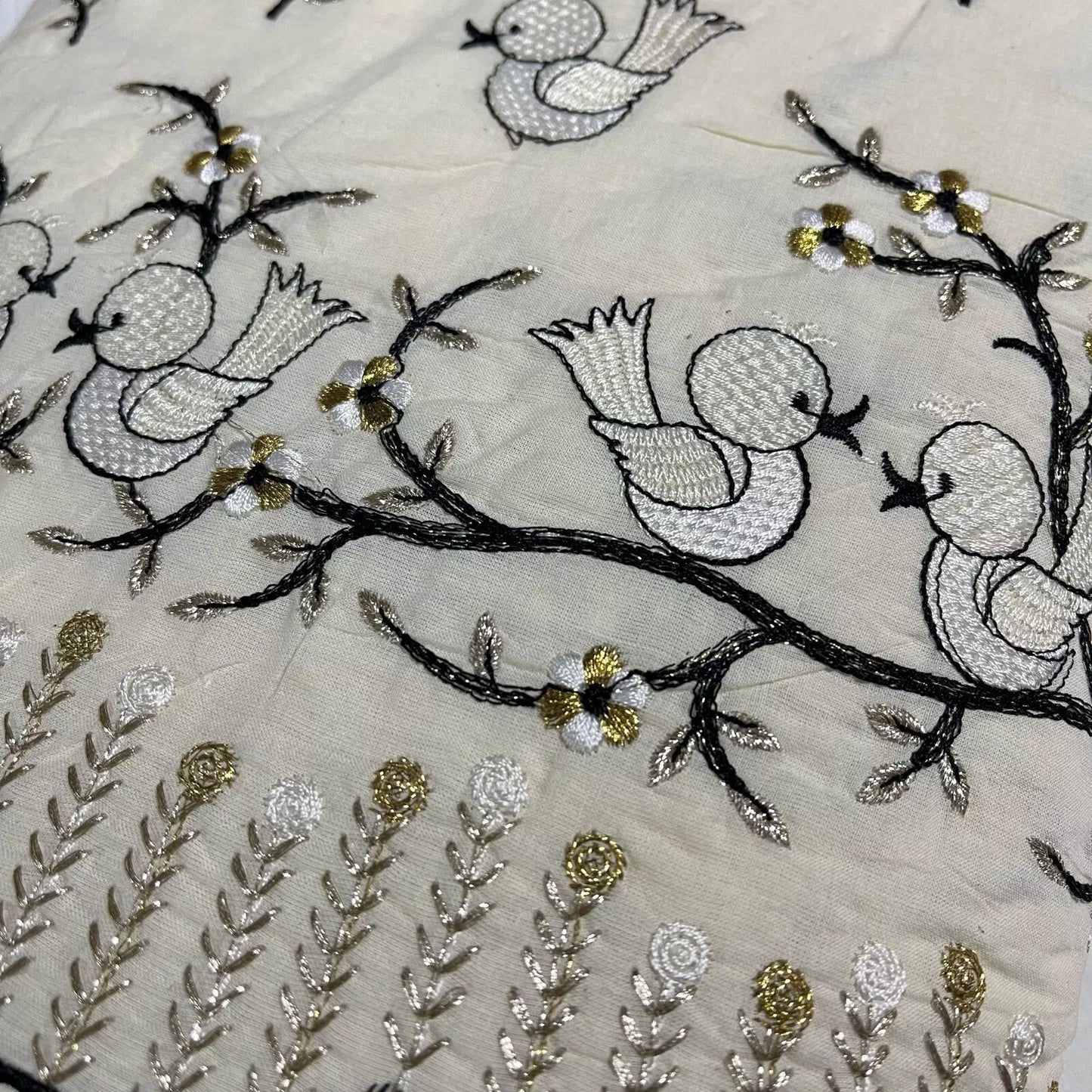 Raw Cotton Floral Embroidery Fabric with Golden Zari | 44" (112cm) Wide Dyeable Dress & Craft Material – Sold by the Meter