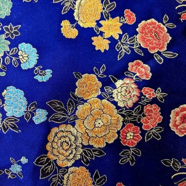 Traditional Chinese Embroidered Brocade Fabric | 36" (91cm) Wide Poly Silky Satin Oriental Dragon & Floral Material – Sold by the Metre