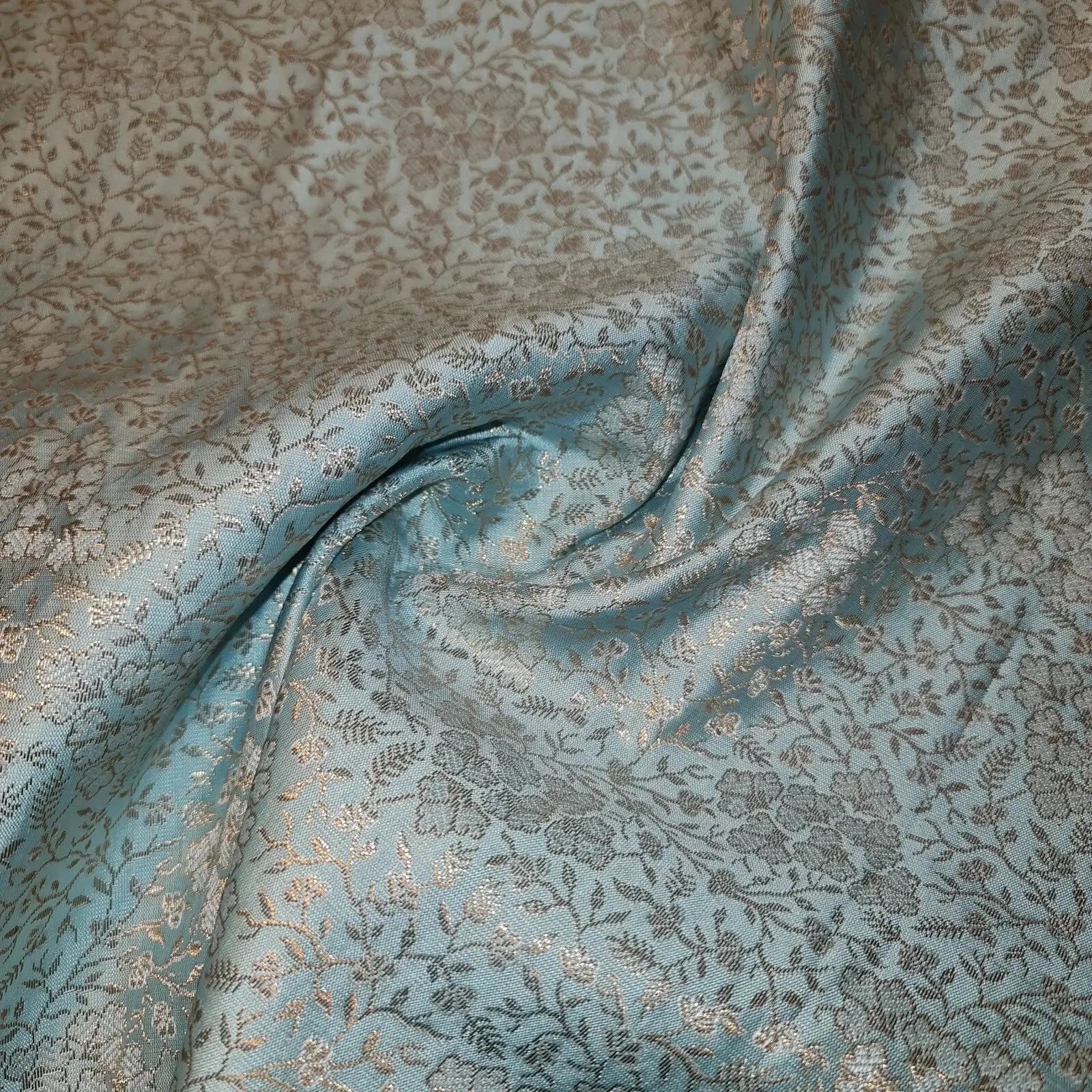Ornamental Floral Pastels Indian Brocade Fabric | Gold Metallic Design 44" (112cm) Wide Dress, Craft & Décor Material – Sold by the Meter  Mint Blue