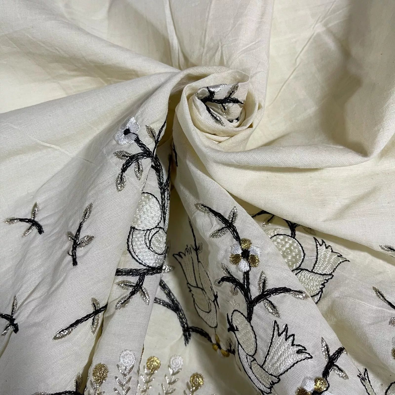 Raw Cotton Floral Embroidery Fabric with Golden Zari | 44