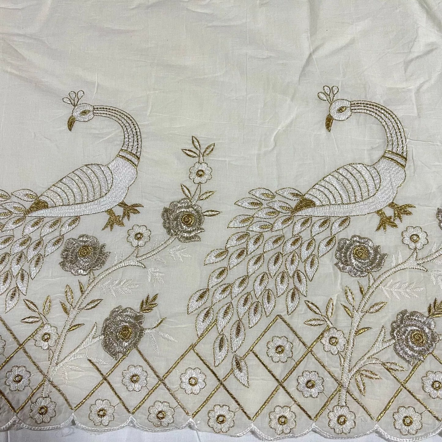 Raw Cotton Floral Embroidery Fabric with Golden Zari | 44" (112cm) Wide Dyeable Dress & Craft Material – Sold by the Meter