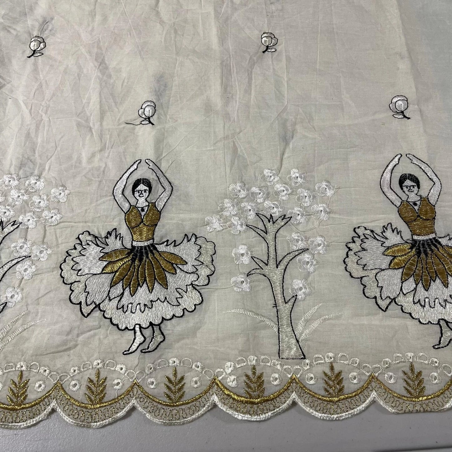 Raw Cotton Floral Embroidery Fabric with Golden Zari | 44" (112cm) Wide Dyeable Dress & Craft Material – Sold by the Meter