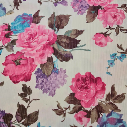 Floral Stripe Ribbed Poly Viscose Stretch Jersey Fabric | 58" (147cm) Wide Dressmaking & Craft Material – Sold by the Meter