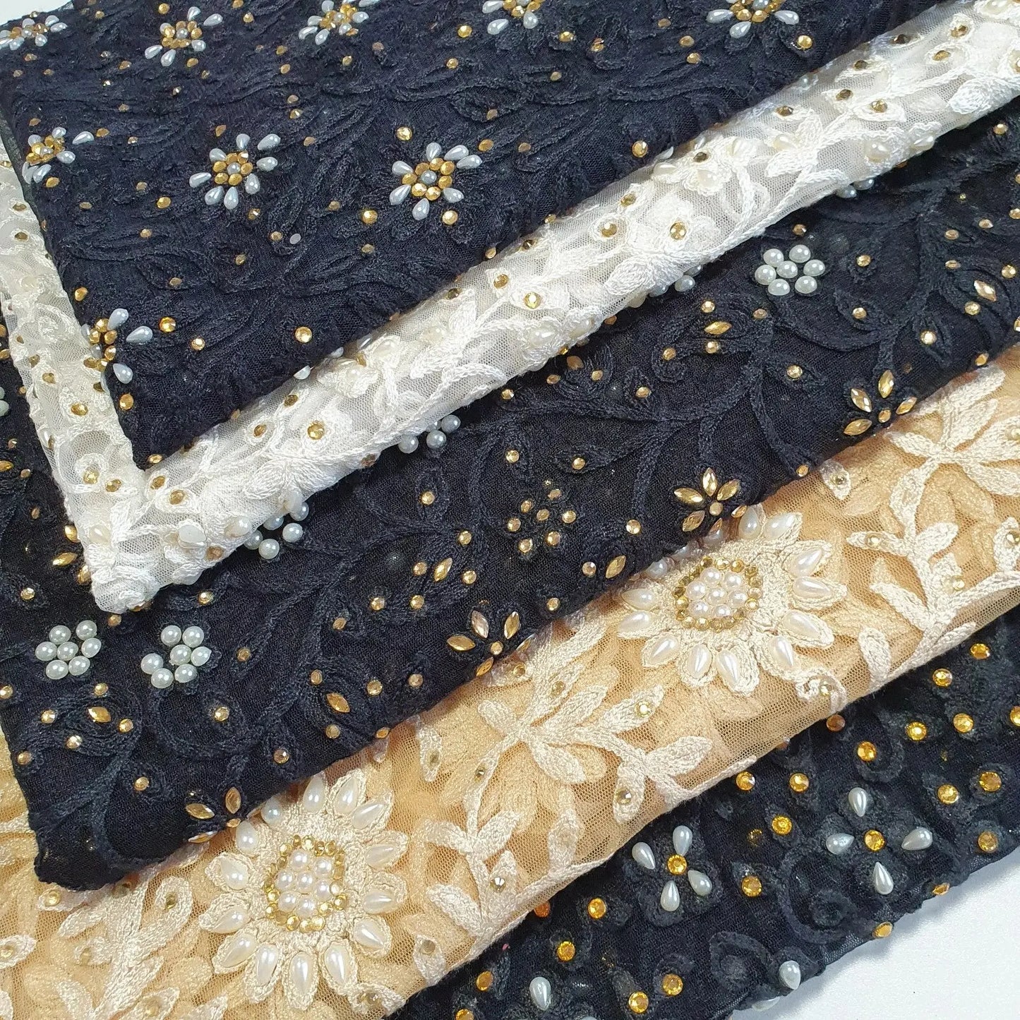 Premium Mesh Net Fabric | 44" (112cm) Wide Floral Thread Embroidery with Diamante & Pearl Embellishment for Dressmaking & Crafts – Sold by the Metre