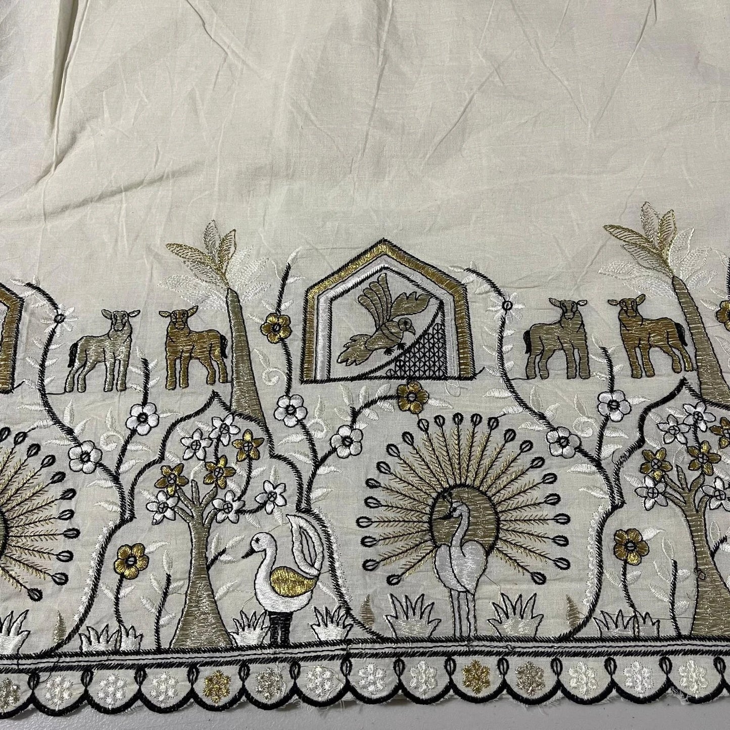 Raw Cotton Floral Embroidery Fabric with Golden Zari | 44" (112cm) Wide Dyeable Dress & Craft Material – Sold by the Meter