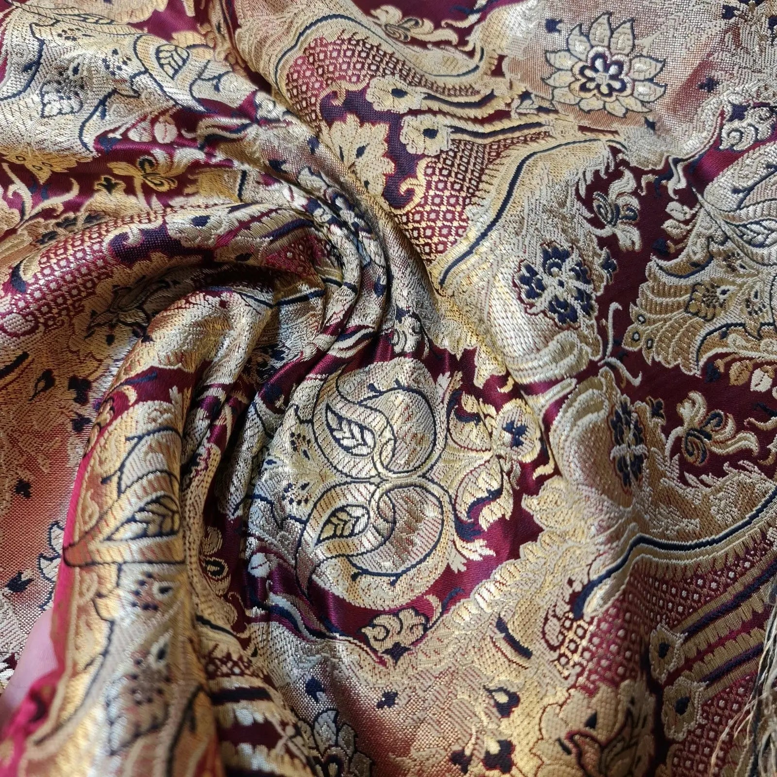 Ornamental Damask Banarasi Brocade Fabric | Premium Indian Gold Metallic Jacquard Material 44" (112cm) Wide – Sold by the Metre