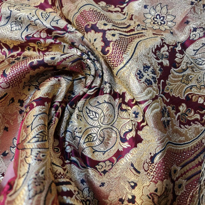 Ornamental Damask Banarasi Brocade Fabric | Premium Indian Gold Metallic Jacquard Material 44" (112cm) Wide – Sold by the Metre