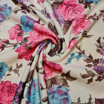 Floral Stripe Ribbed Poly Viscose Stretch Jersey Fabric | 58" (147cm) Wide Dressmaking & Craft Material – Sold by the Meter