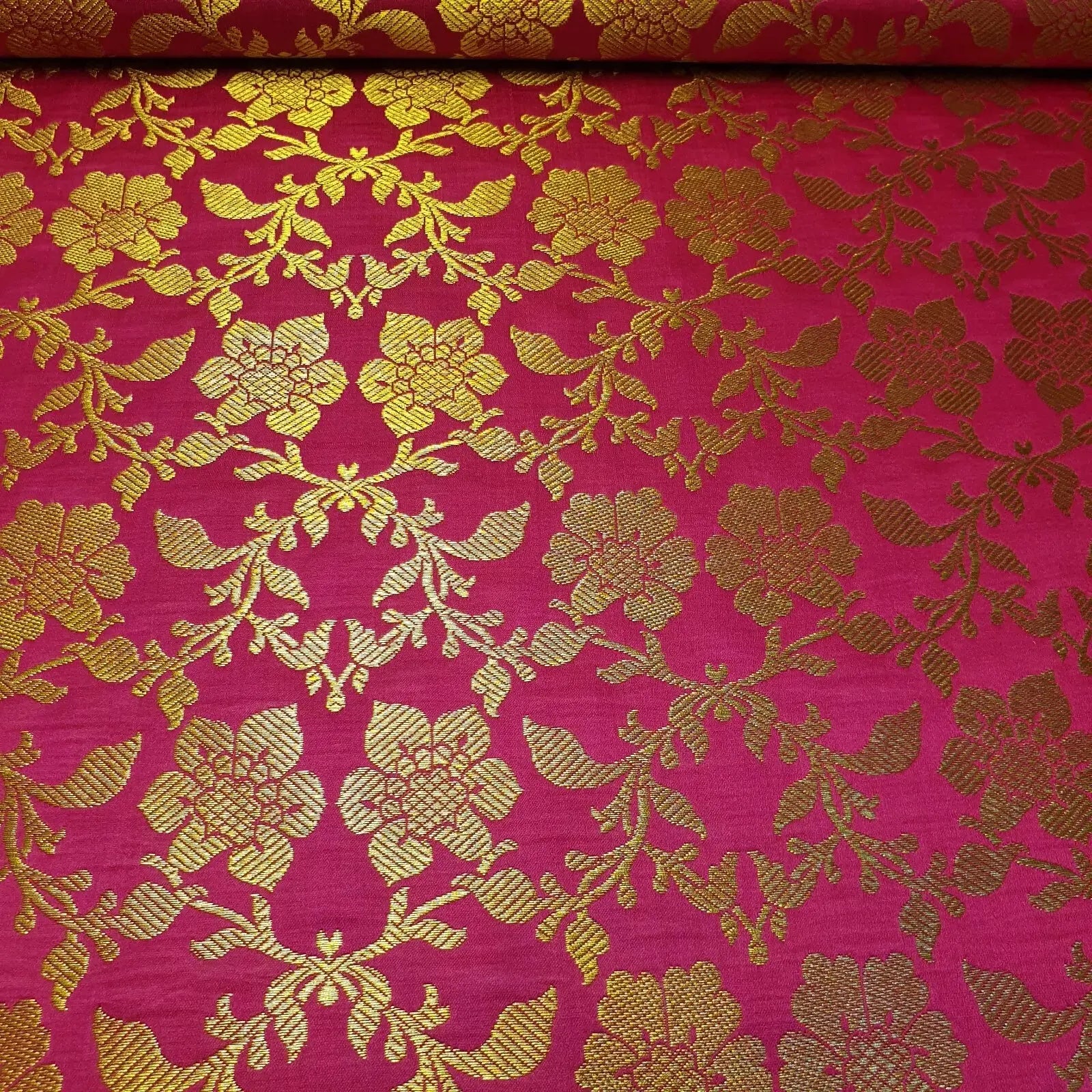 Indian Banarasi Brocade Fabric | Ornamental Floral Gold Metallic Design 44" (112cm) Wide Dress, Craft & Décor Material – Sold by the Meter