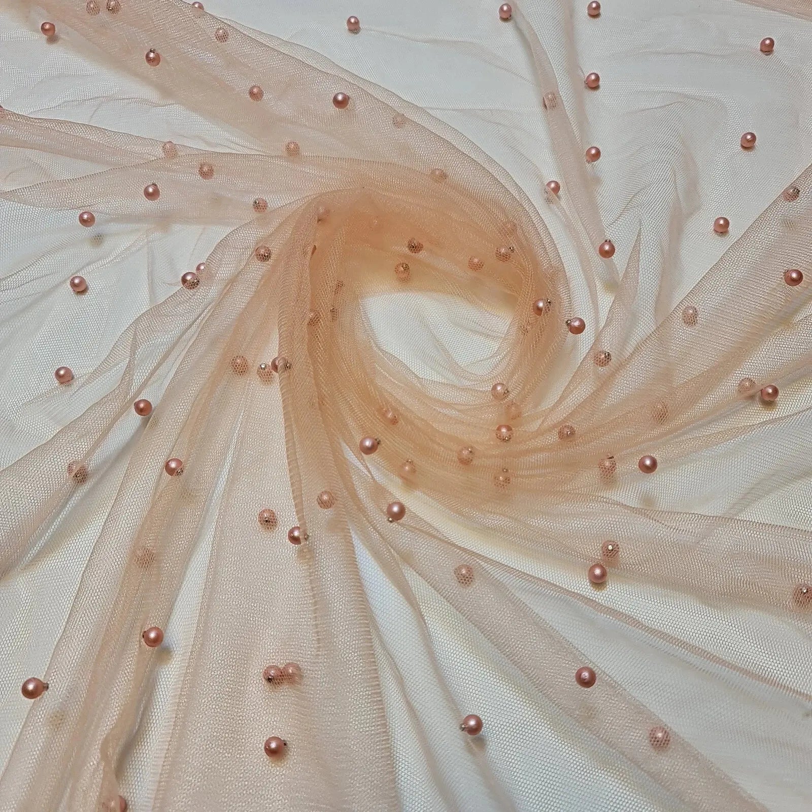 Tulle Beaded Pearl Lace Net Fabric | 58" (147cm) Wide Bridal Veil, Wedding Backdrop & Décor Material – Sold by the Metre