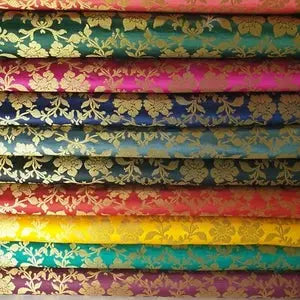 Indian Banarasi Brocade Fabric | Ornamental Floral Gold Metallic Design 44" (112cm) Wide Dress, Craft & Décor Material – Sold by the Meter