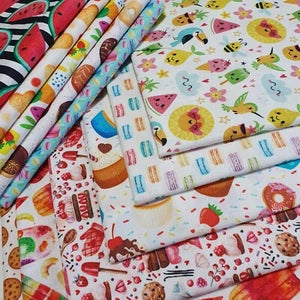 100% Cotton Printed Fabric | Treats, Fruits & Macaron Designs – 44" (112cm) Wide Soft Dressmaking, Quilting & Craft Material – Sold by the Metre