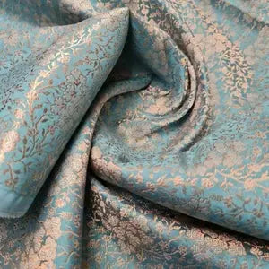 Ornamental Floral Pastels Indian Brocade Fabric | Gold Metallic Design 44" (112cm) Wide Dress, Craft & Décor Material – Sold by the Meter  Turquoise