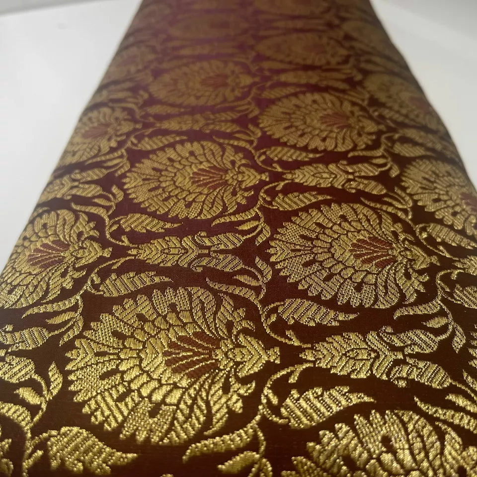 Indian Banarasi Brocade Fabric | Floral & Peacock Gold Metallic Design 44" (112cm) Wide Dress, Craft & Décor Material – Sold by the Meter