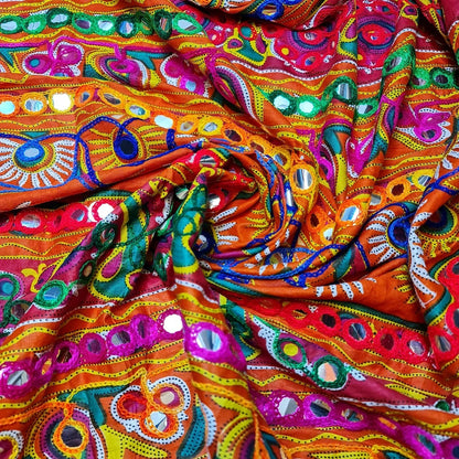 100% Cotton Rajasthani Mirror-Embroidered Fabric | Suzani, Rangoli & Boho Banjara Designs – 44" (112cm) Wide Dressmaking & Craft Material – Sold by the Metre  Orange