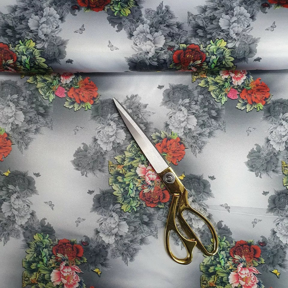 Floral Silk Satin Printed Fabric | 58" (147cm) Wide Soft Silky Dressmaking & Drape Material – Sold by the Metre